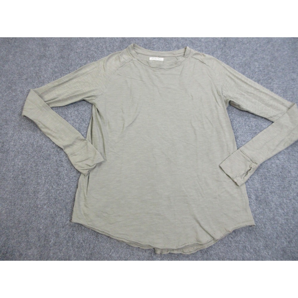 Free People Top Shirt Women XS Green Long Sleeve Crew Neck Slub Knit Lightweight